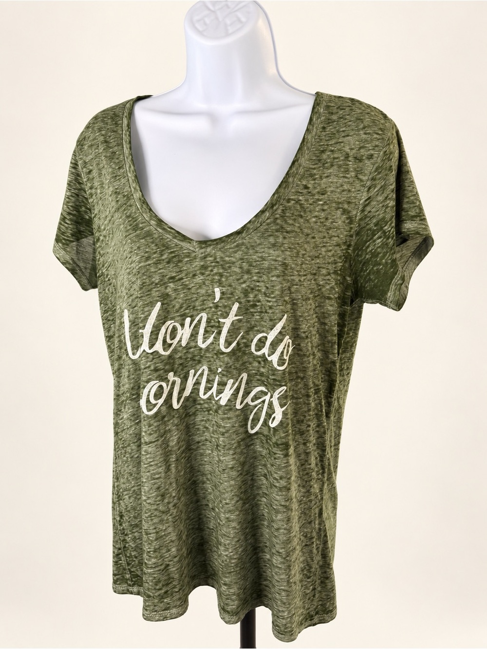 Fifth Sun Olive Green V-Neck Graphic Tee with White Script